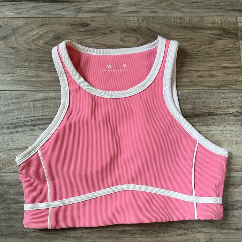 Wilo The Label Long Line High Neck Padded Sports Bra in Pink and White Size L